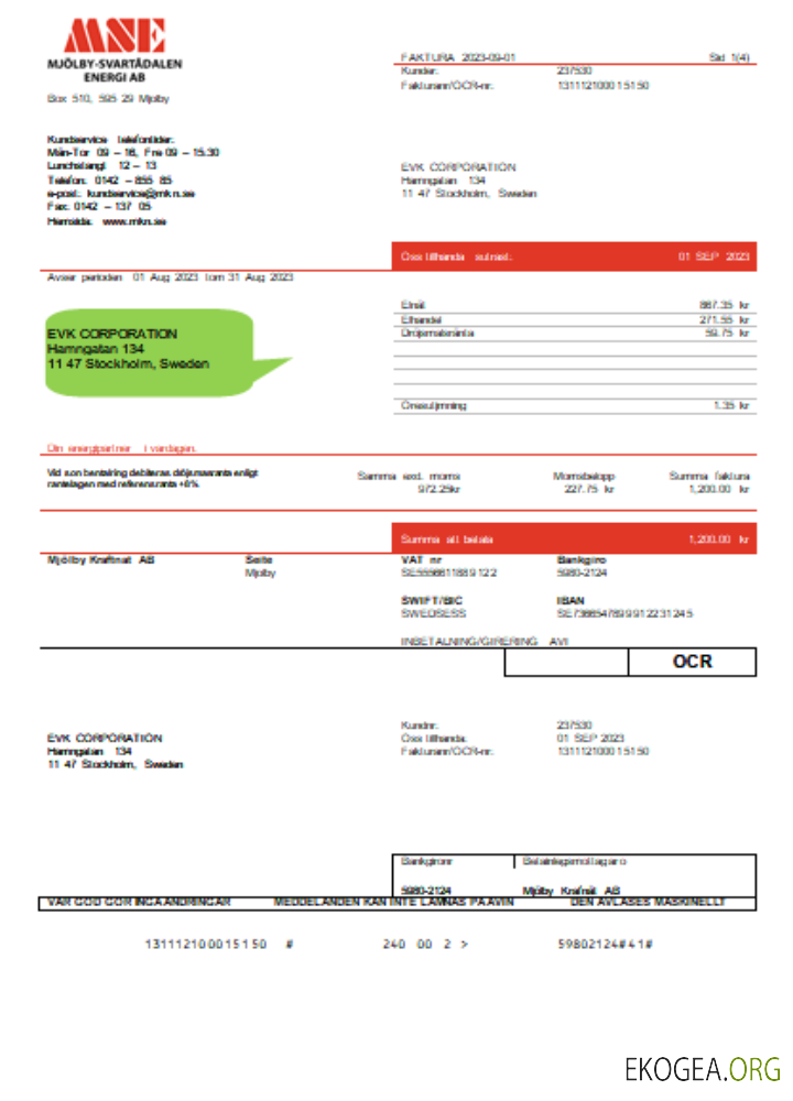 Mjölby Kraftnat AB Facture commerciale de services publics SCR